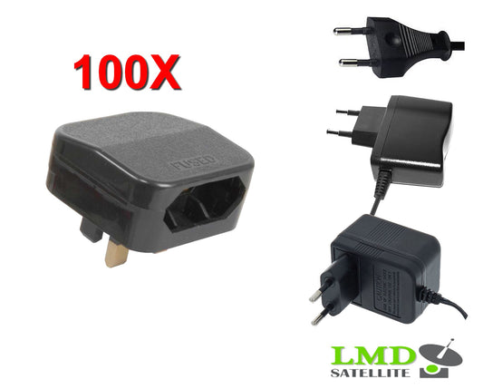 100x EU 2 Pin to UK BS5732 3 Pin Main Power Plug Adapter Black  with 5A Fused UK
