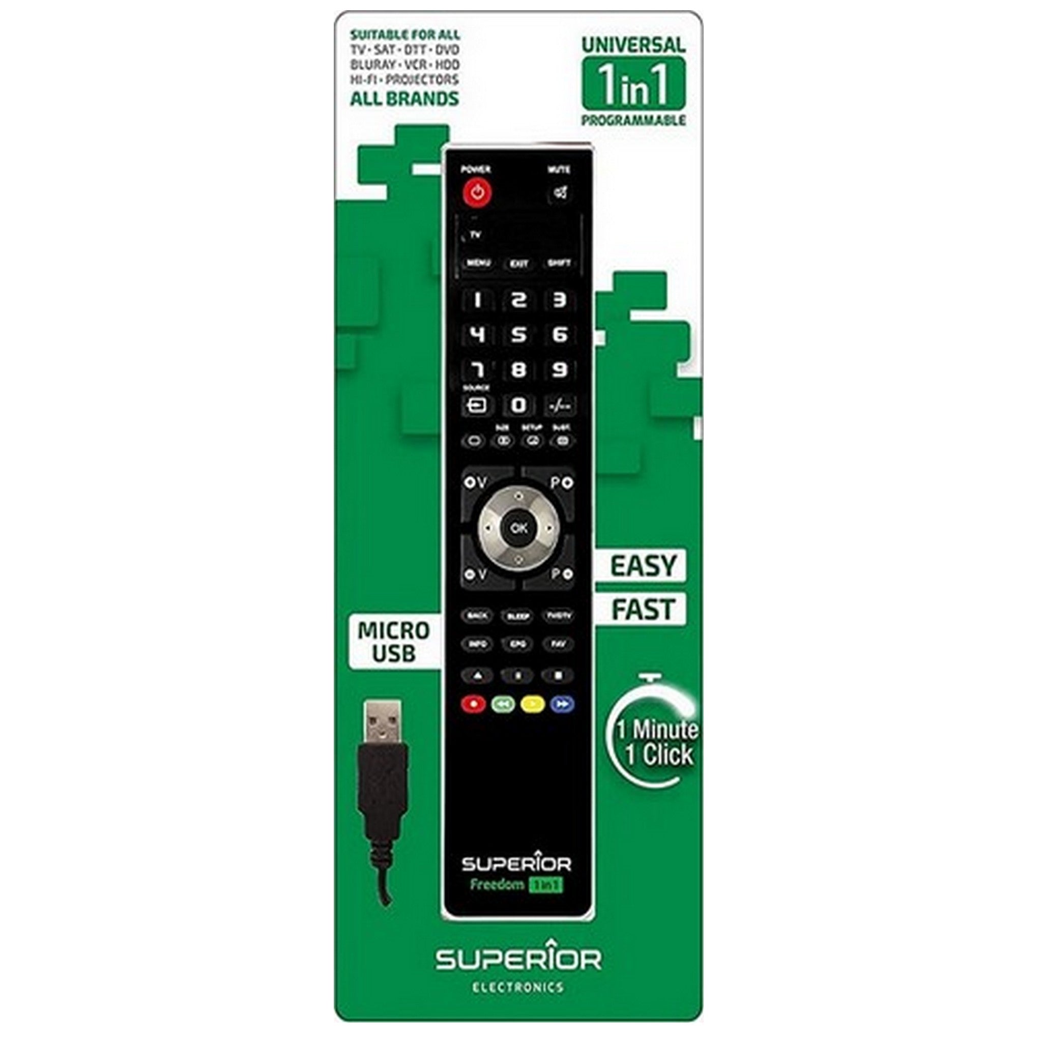 Superior Freedom 1in1 Black Programmable Remote Control+2x AAA Alkaline batteries included