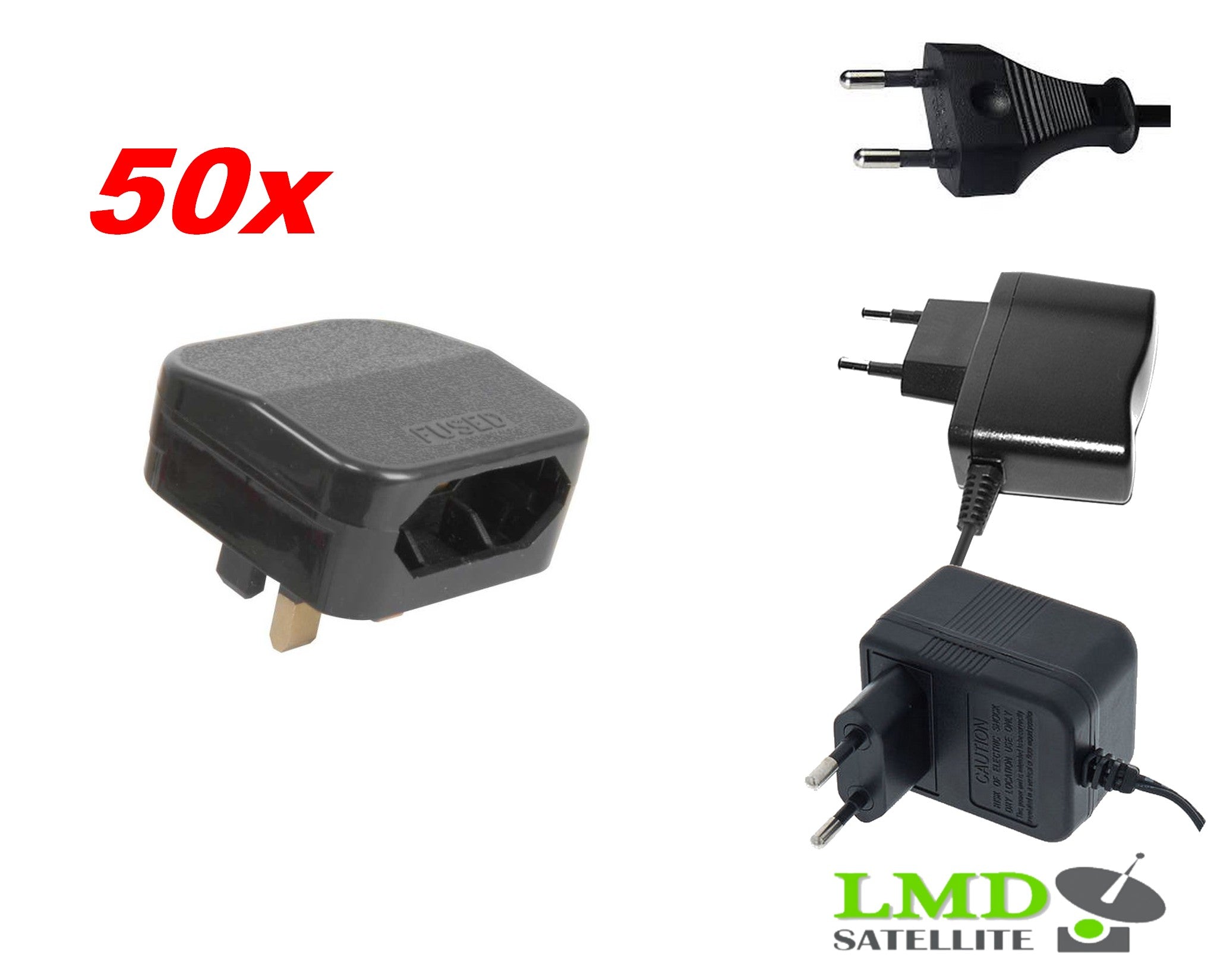 50x EU 2 Pin to UK BS5732 3 Pin Main Power Plug Adapter Black with 5A Fused UK