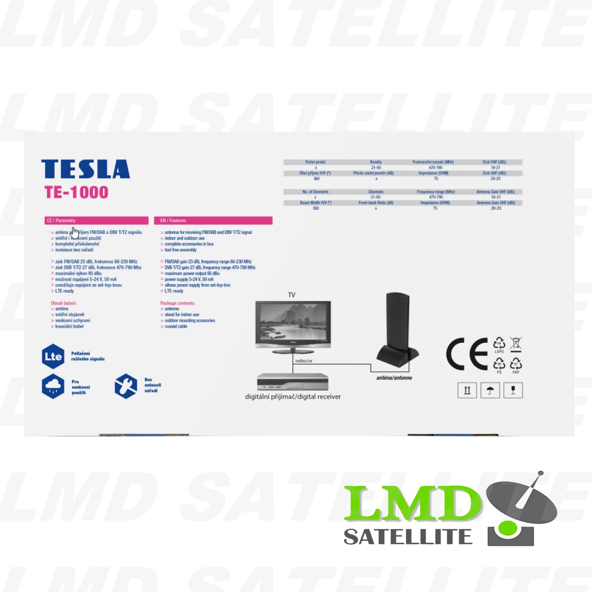 TESLA TE-1000 INDOOR / OUTDOOR ANTENNA FOR DVB-T2 SIGNAL, 470-790 MHZ, 23 DBI