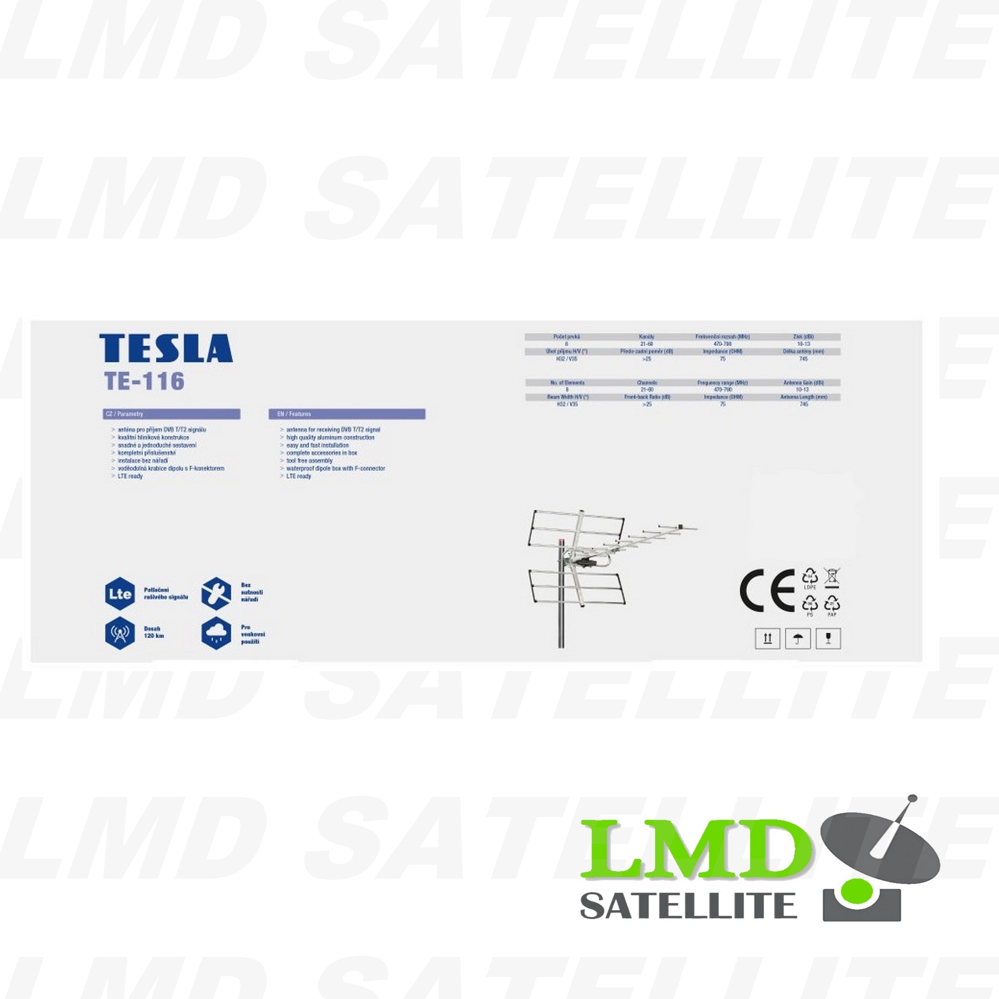 TESLA TE ‒ 116 - outdoor antenna for DVB ‒ T2 signal, 470‒790 MHz, 13 dBi